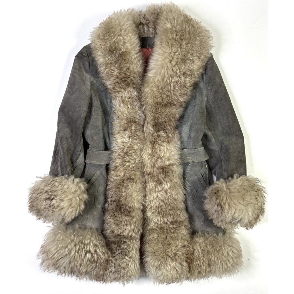 Vintage Shearling Sheepskin Coat Women's M/L Gray Suede Fur Trim Union Made USA